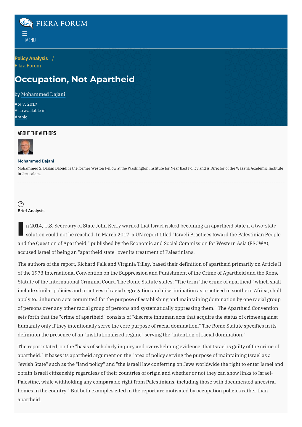 Occupation, Not Apartheid | the Washington Institute