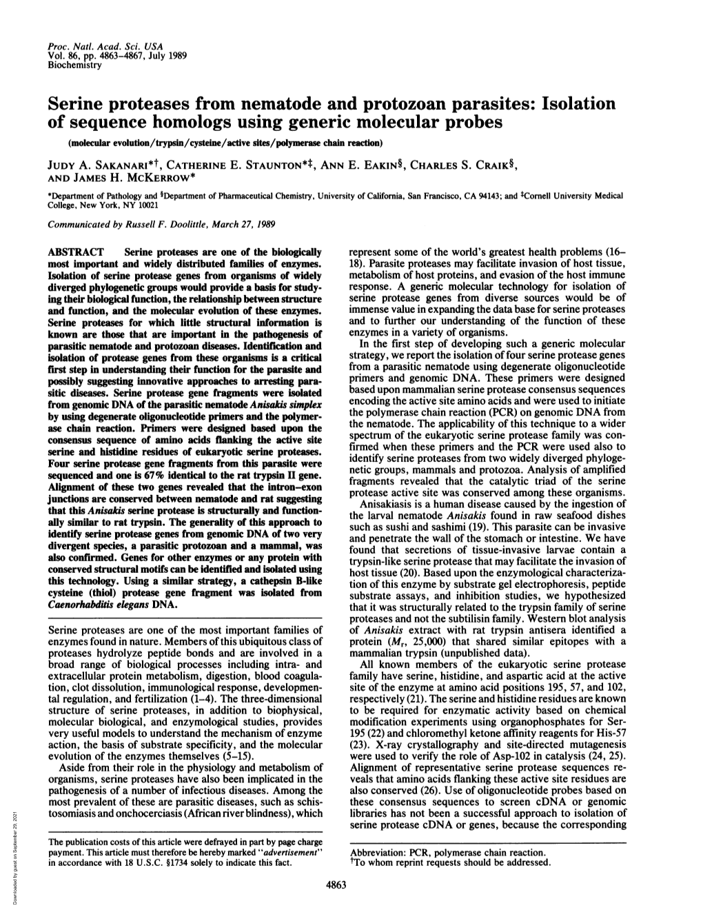 Serine Proteases from Nematode and Protozoan Parasites