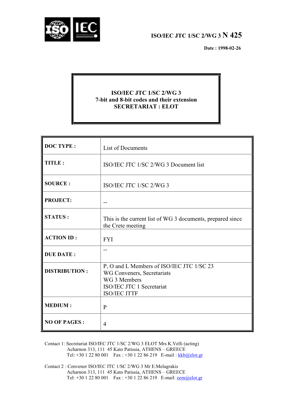 Iso/Iec Jtc 1/Sc 2/Wg 3 N 425 Iso/Iec