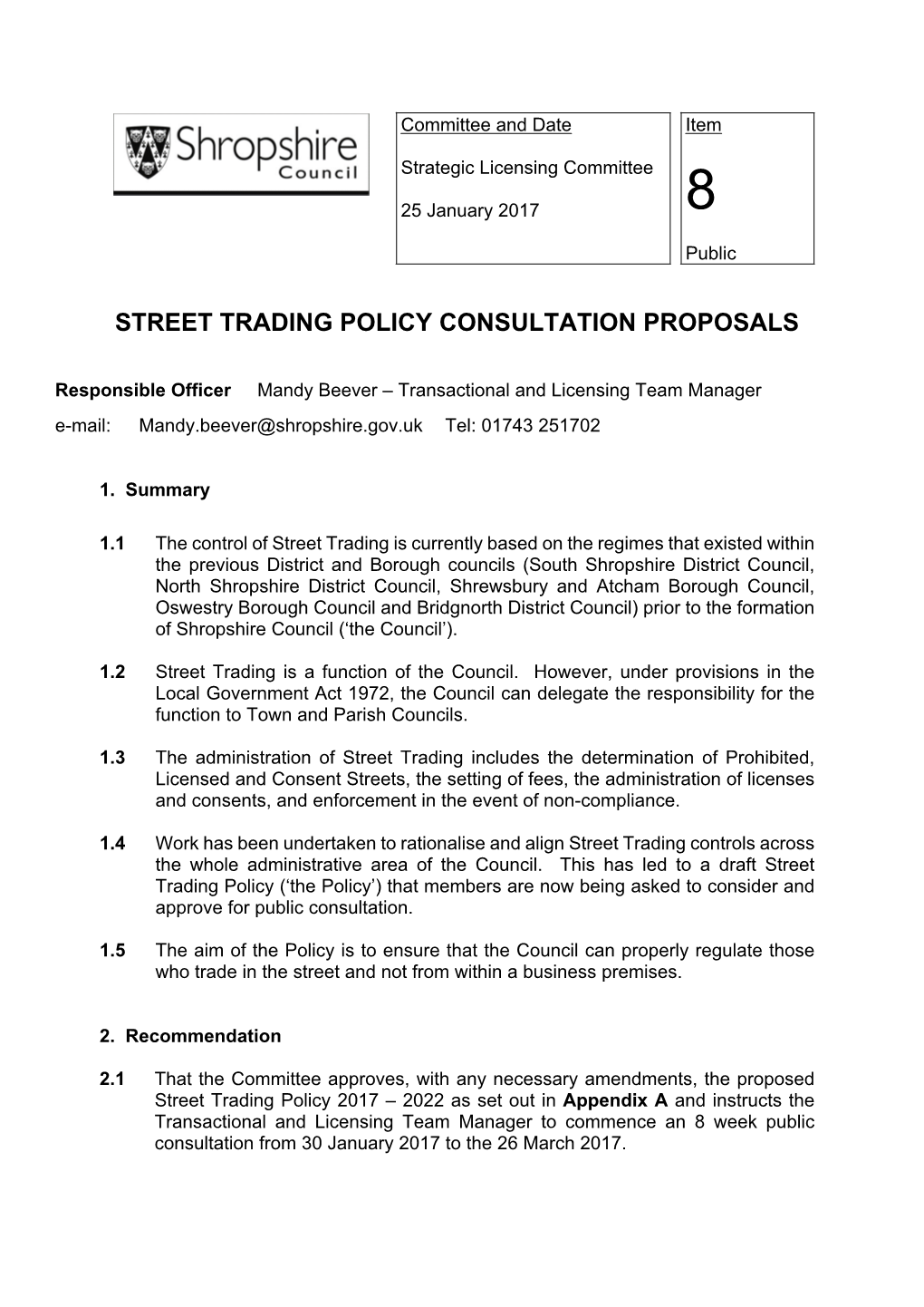 Street Trading Policy Consultation Proposals