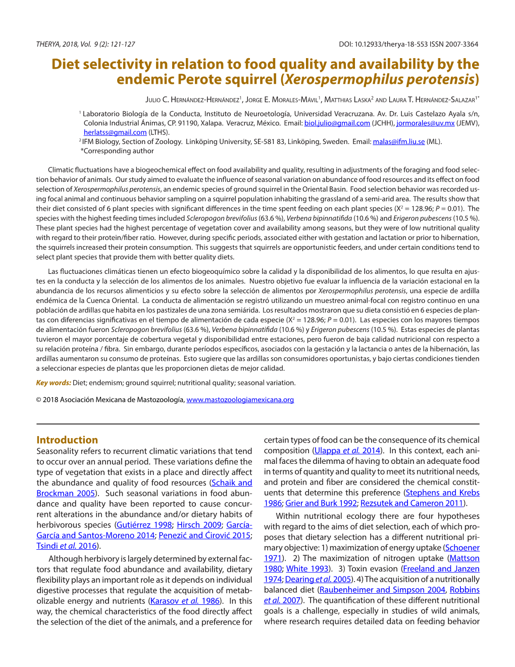 Diet Selectivity in Relation to Food Quality and Availability by the Endemic Perote Squirrel (Xerospermophilus Perotensis)