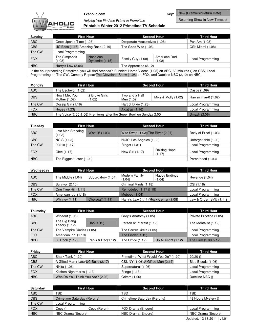 Printable Winter 2012 Primetime TV Schedule