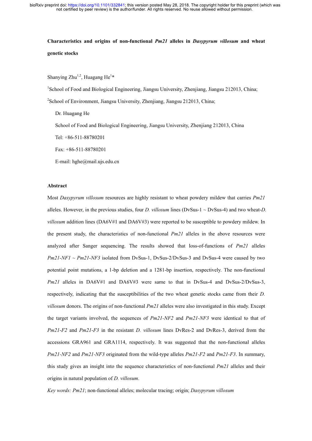 Characteristics and Origins of Non-Functional Pm21 Alleles in Dasypyrum Villosum and Wheat