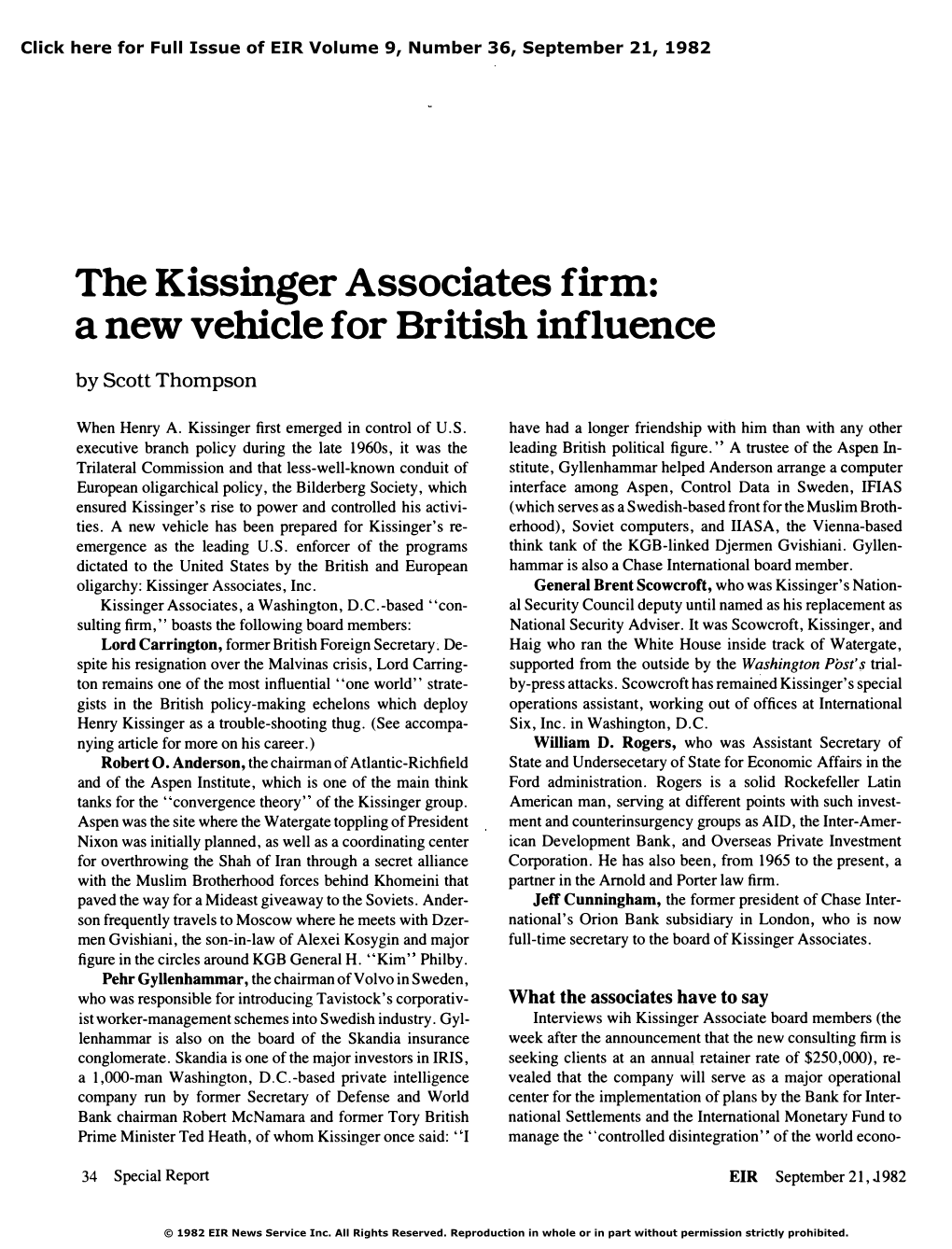 The Kissinger Associates Firm: a New Vehicle for British Influence