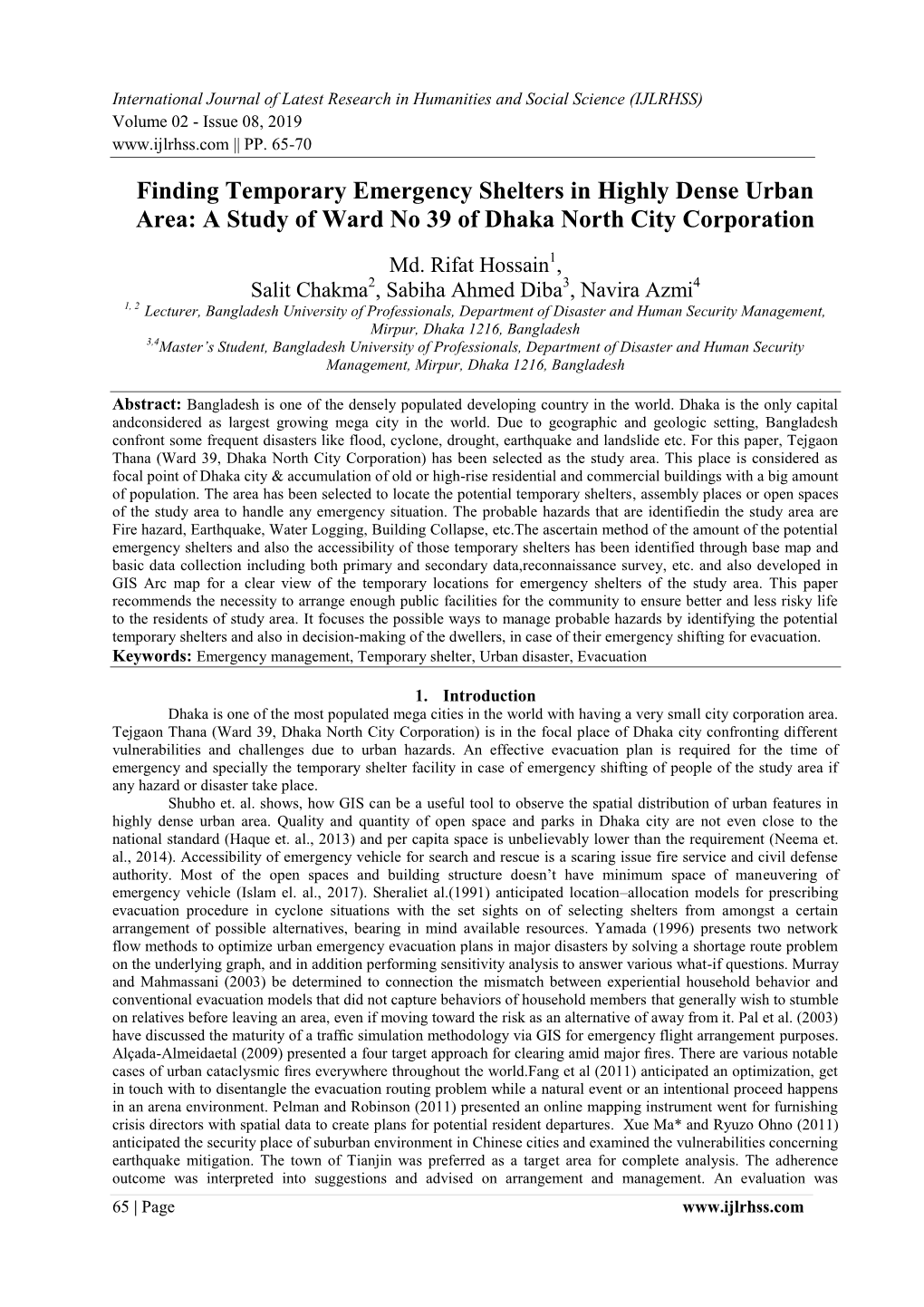 Finding Temporary Emergency Shelters in Highly Dense Urban Area: a Study of Ward No 39 of Dhaka North City Corporation