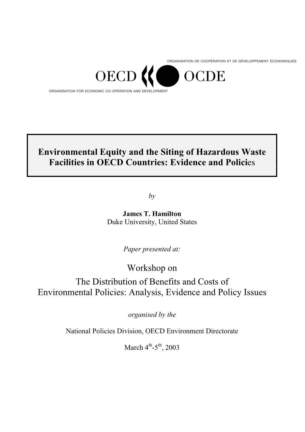 Environmental Equity and the Siting of Hazardous Waste Facilities in OECD Countries: Evidence and Policies