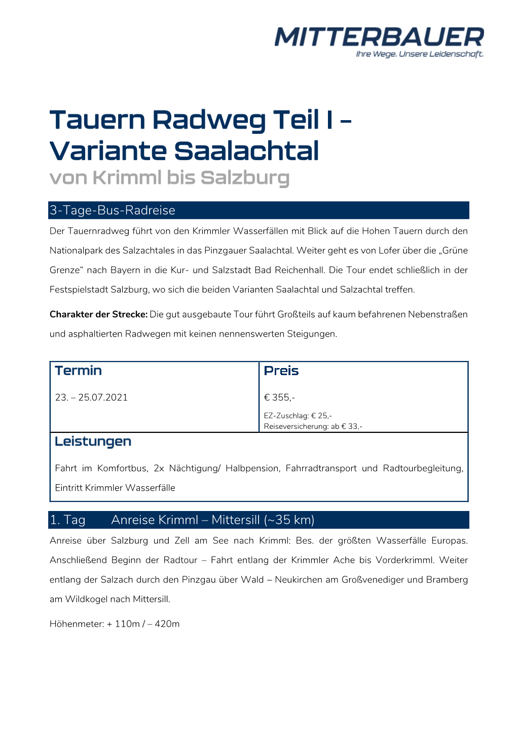 3-Tage-Bus-Radreise 1. Tag Anreise Krimml – Mittersill (~35