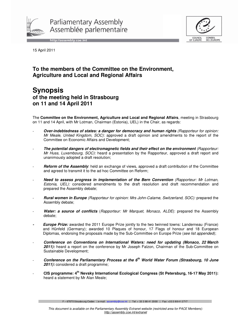 Synopsis of the Meeting Held in Strasbourg on 11 and 14 April 2011