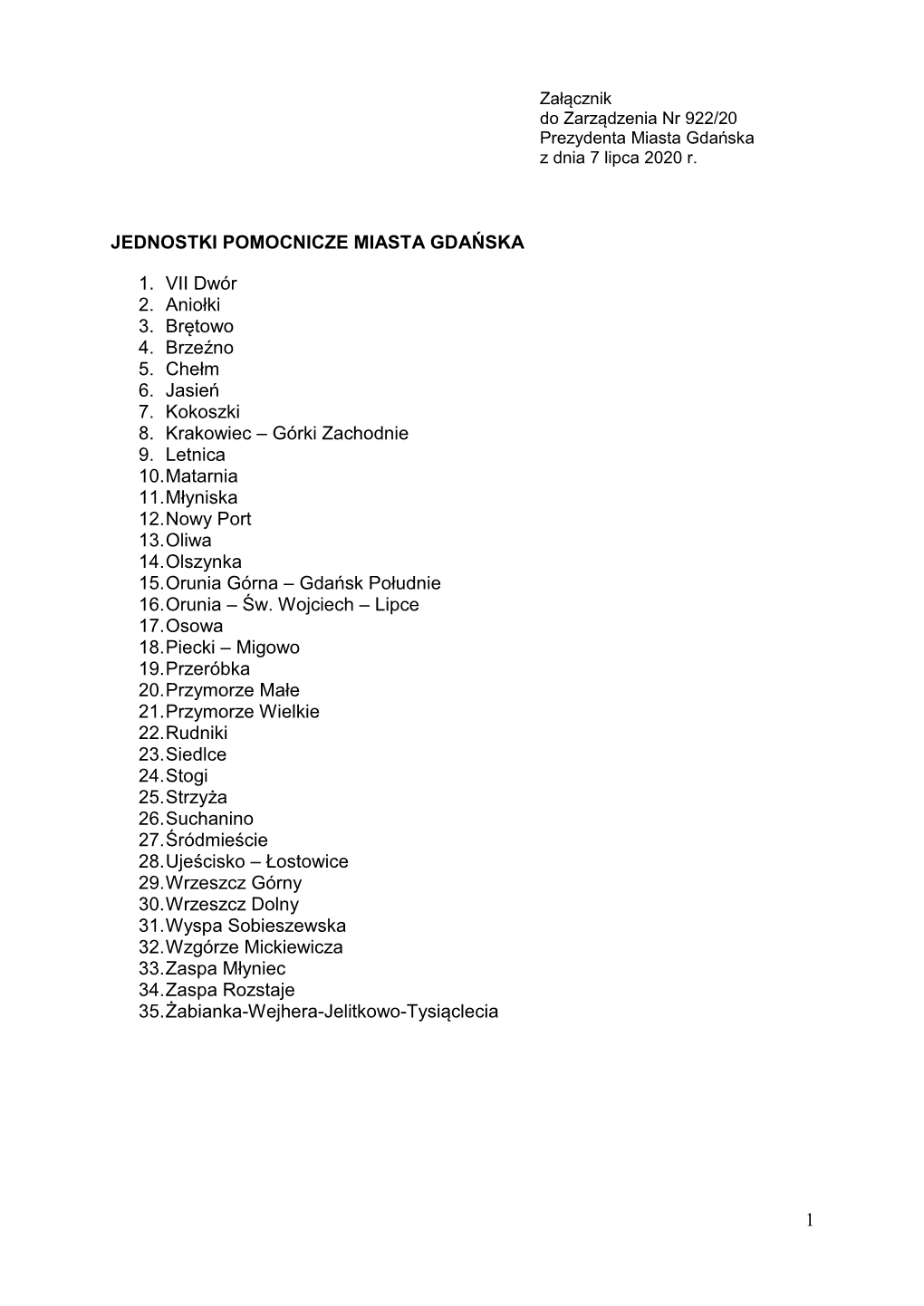 1 JEDNOSTKI POMOCNICZE MIASTA GDAŃSKA 1. VII Dwór 2. Aniołki 3