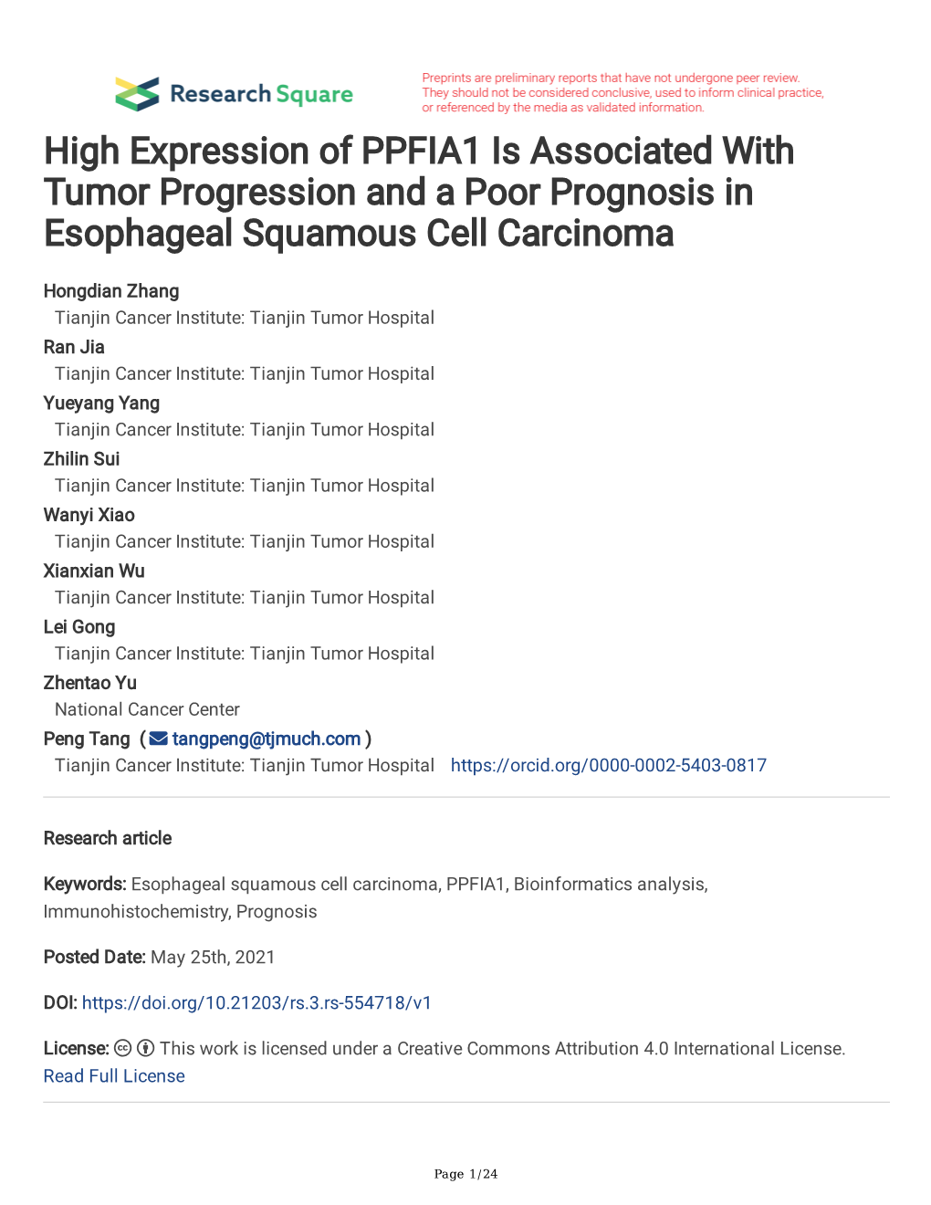 High Expression of PPFIA1 Is Associated with Tumor Progression and a Poor Prognosis in Esophageal Squamous Cell Carcinoma