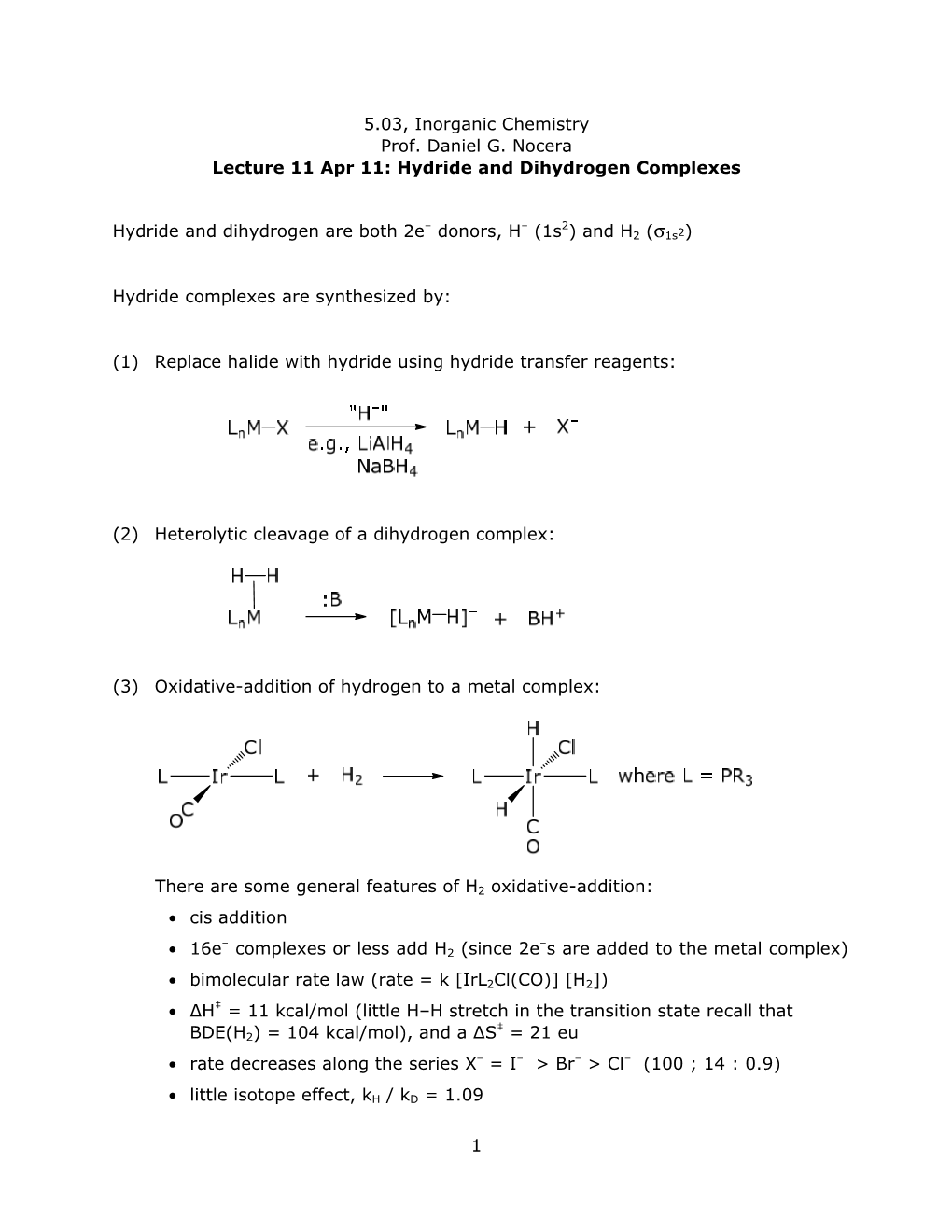 1 5.03, Inorganic Chemistry Prof. Daniel G. Nocera Lecture 11