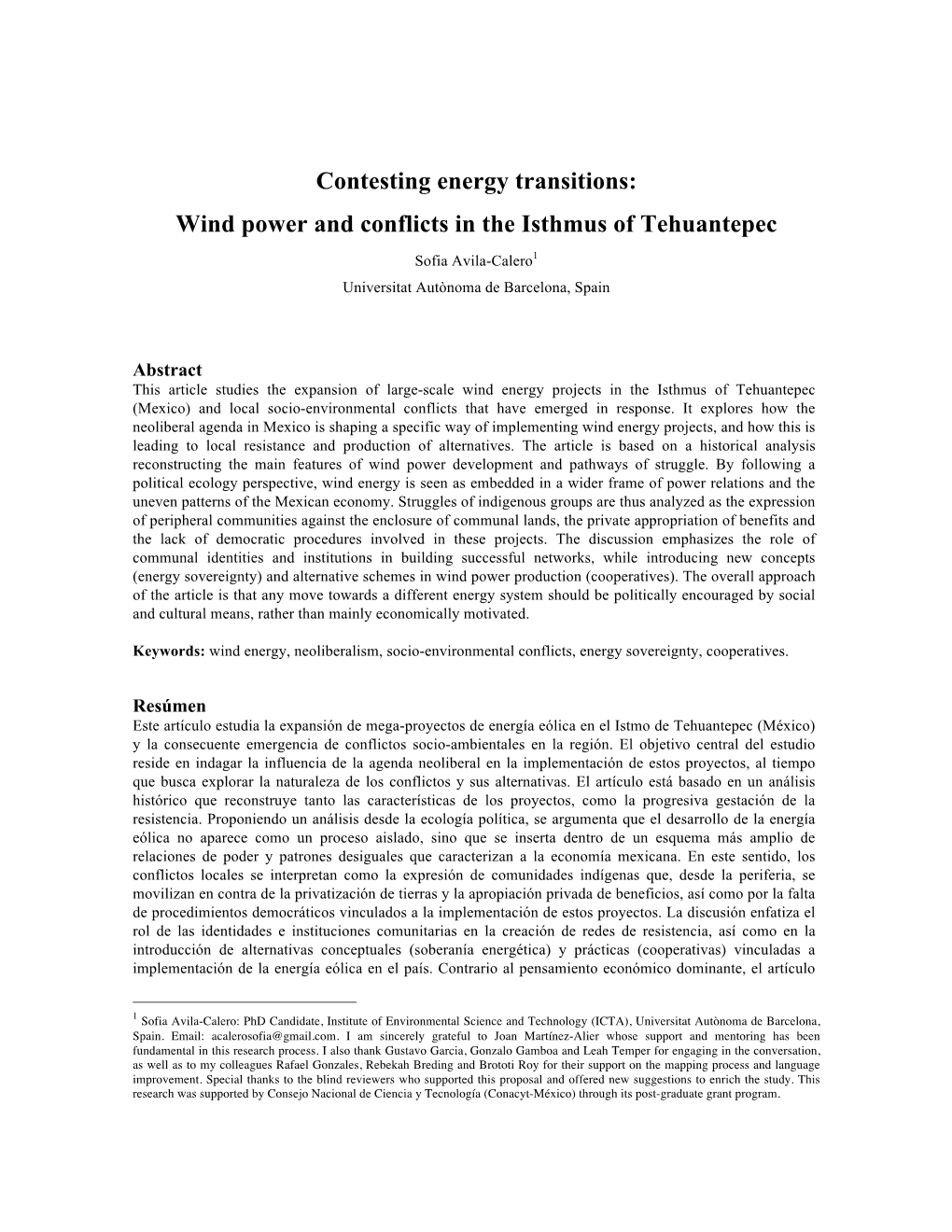 Contesting Energy Transitions: Wind Power and Conflicts in the Isthmus of Tehuantepec