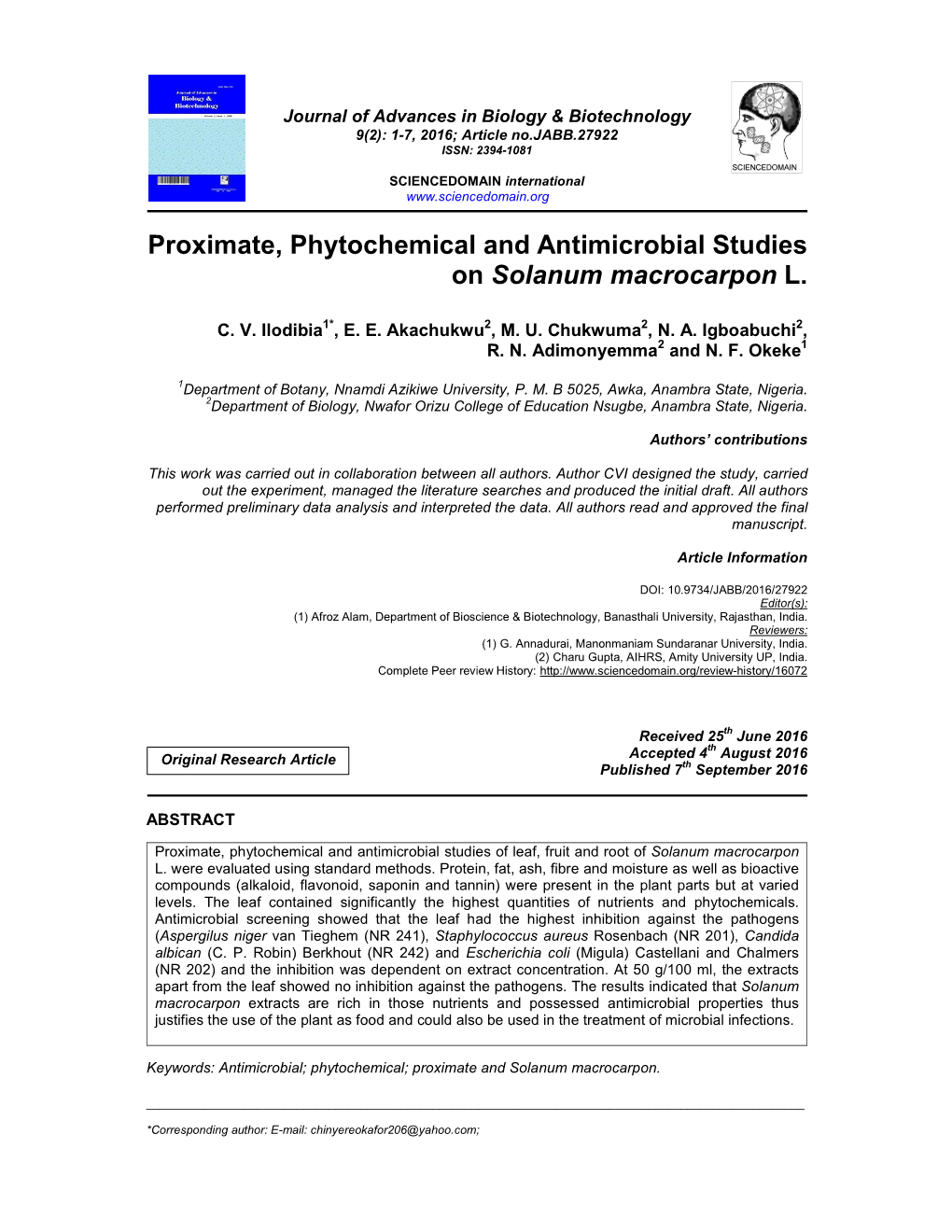 Proximate, Phytochemical and Antimicrobial Studies on Solanum Macrocarpon L