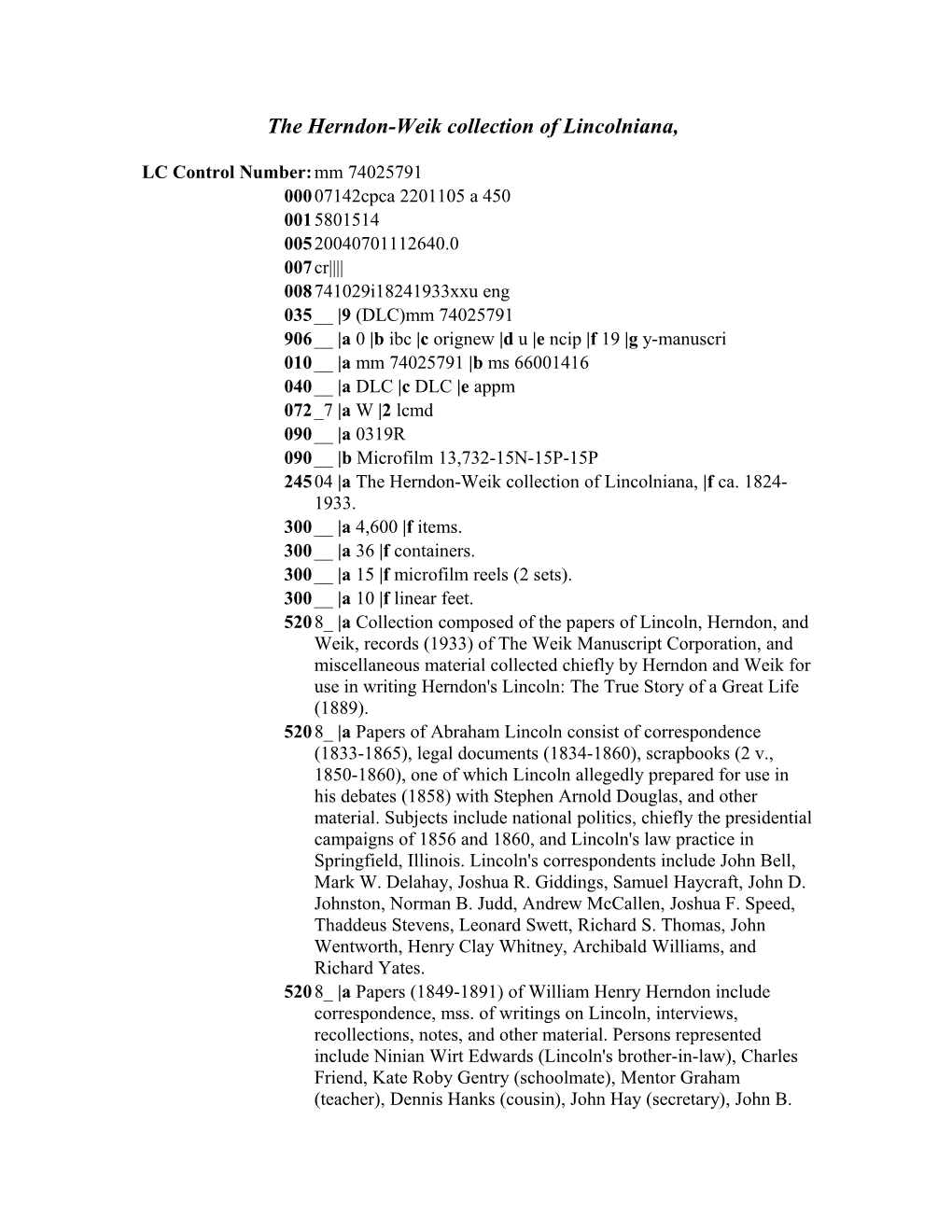 The Herndon-Weik Collection of Lincolniana s1