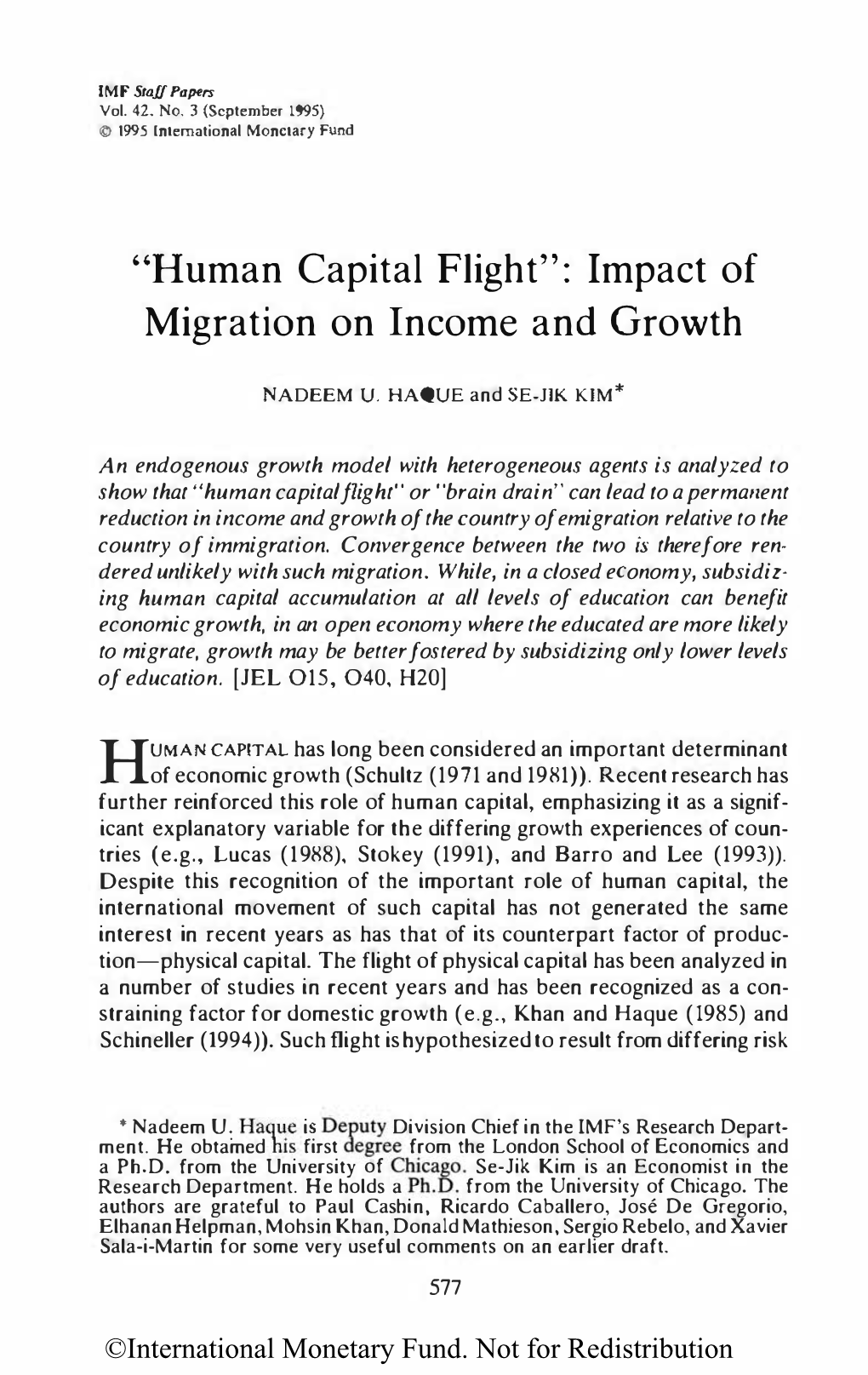 "Human Capital Flight": Impact of Migration on Income and Growth