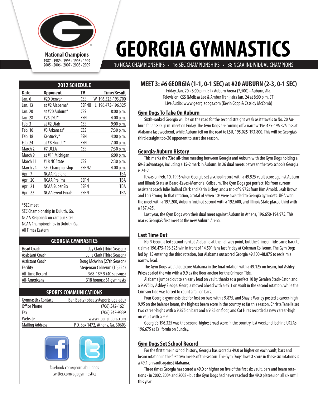 Georgia Gymnastics 1987 • 1989 • 1993 • 1998 • 1999 2005 • 2006 • 2007 • 2008 • 2009 10 Ncaa Championships • 16 Sec Championships • 38 Ncaa Individual Champions