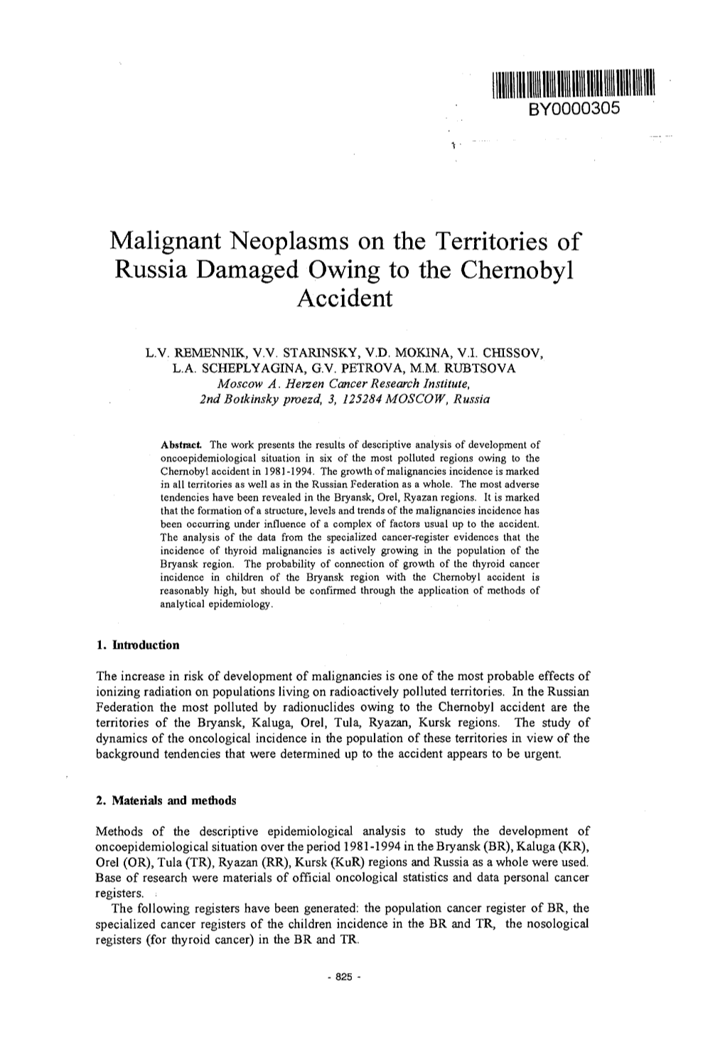 Malignant Neoplasms on the Territories of Russia Damaged Owing to the Chernobyl Accident