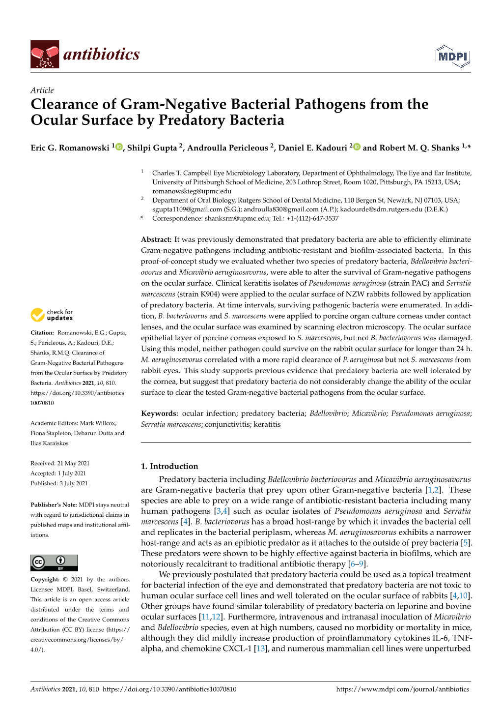 Clearance of Gram-Negative Bacterial Pathogens from the Ocular Surface by Predatory Bacteria