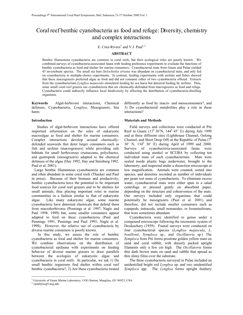 Coral Reef Benthic Cyanobacteria As Food and Refuge: Diversity, Chemistry and Complex Interactions