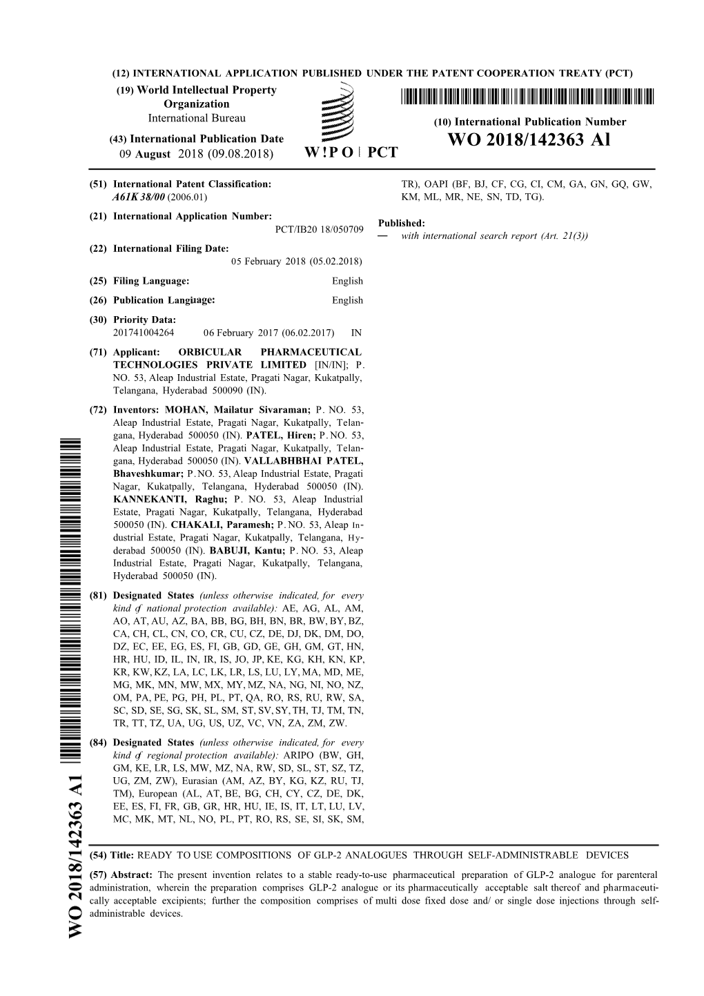 WO 2018/142363 Al 09 August 2018 (09.08.2018) W !P O PCT