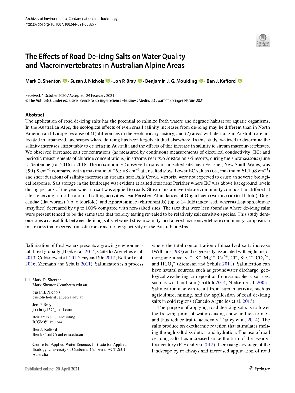 The Effects of Road De-Icing Salts on Water Quality And