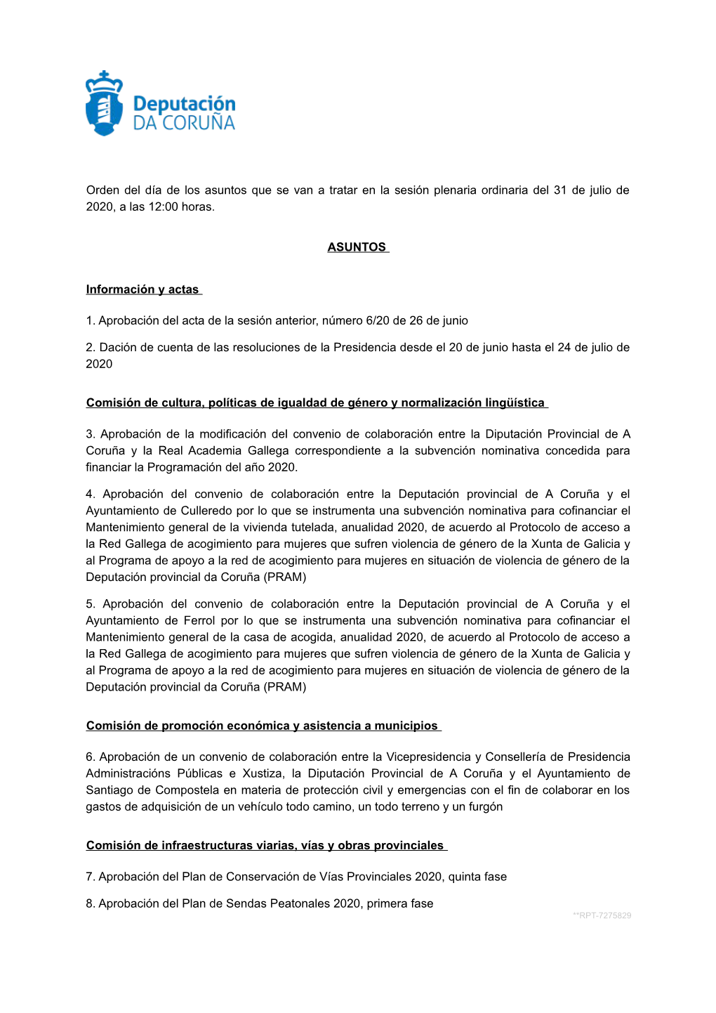 Orden Del Día De Los Asuntos Que Se Van a Tratar En La Sesión Plenaria Ordinaria Del 31 De Julio De 2020, a Las 12:00 Horas