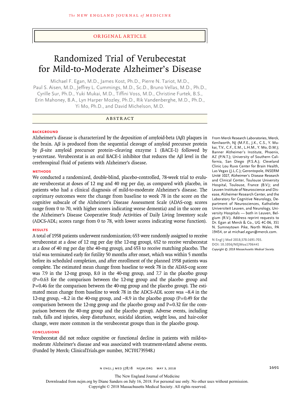 Randomized Trial of Verubecestat for Mild-To-Moderate Alzheimer's Disease