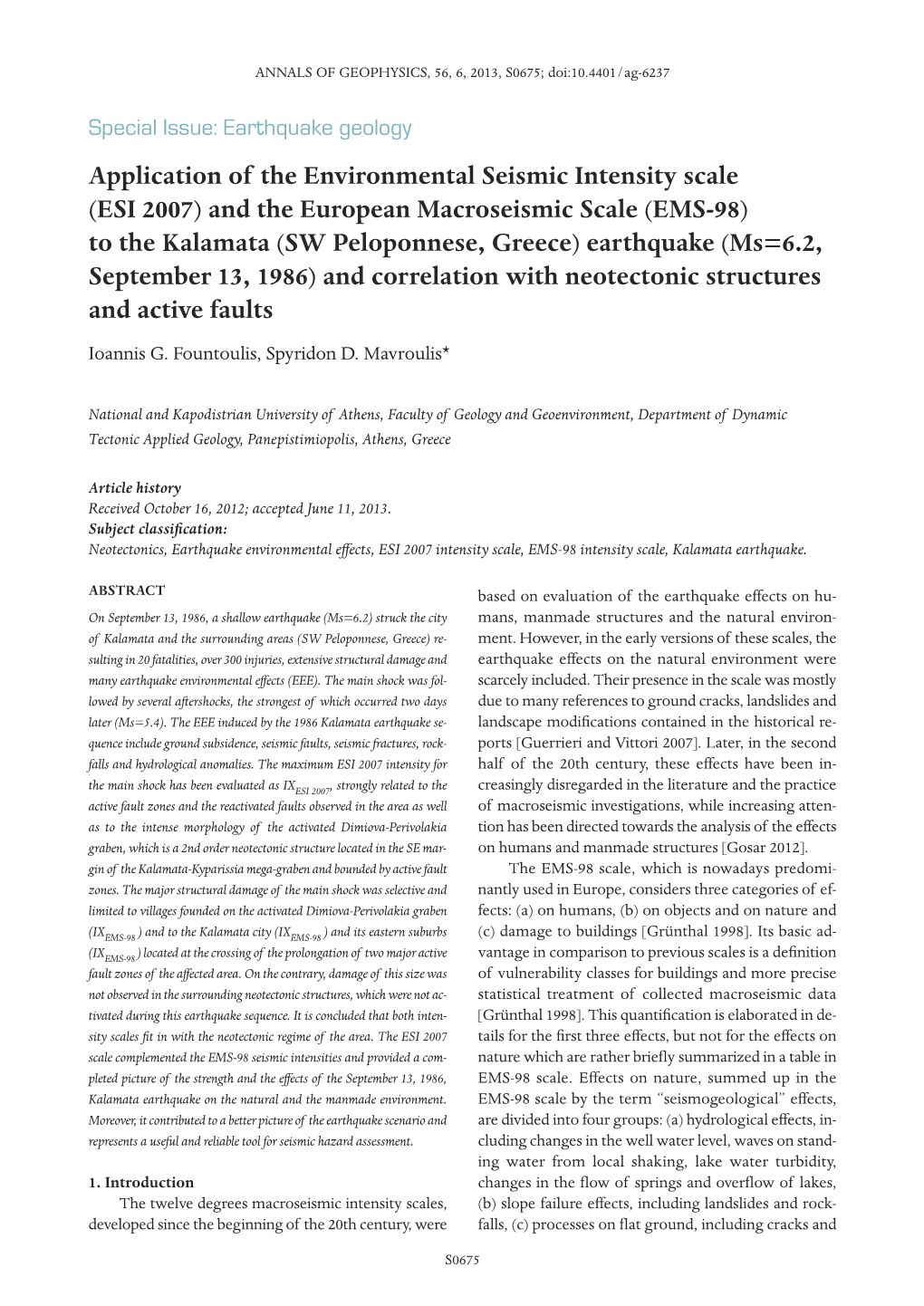 To the Kalamata (SW Peloponnese, Greece) Earthquake (Ms=6.2, September 13, 1986) and Correlation with Neotectonic Structures and Active Faults Ioannis G