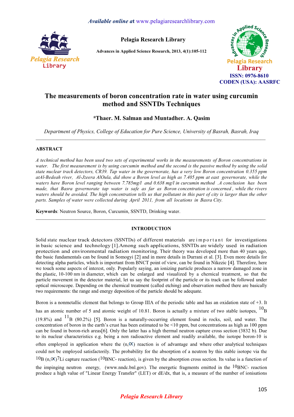 The Measurements of Boron Concentration Rate in Water Using Curcumin Method and Ssntds Techniques