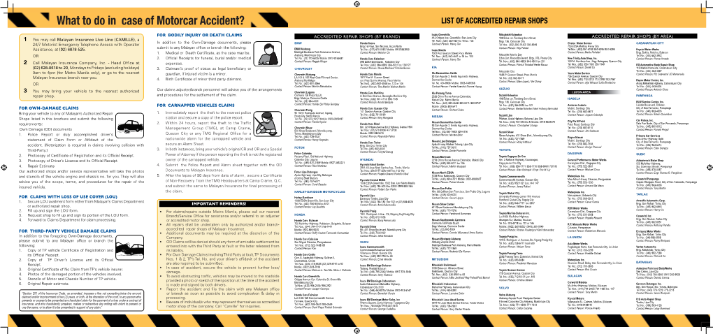 What to Do in Case of Motorcar Accident? LIST of ACCREDITED REPAIR SHOPS