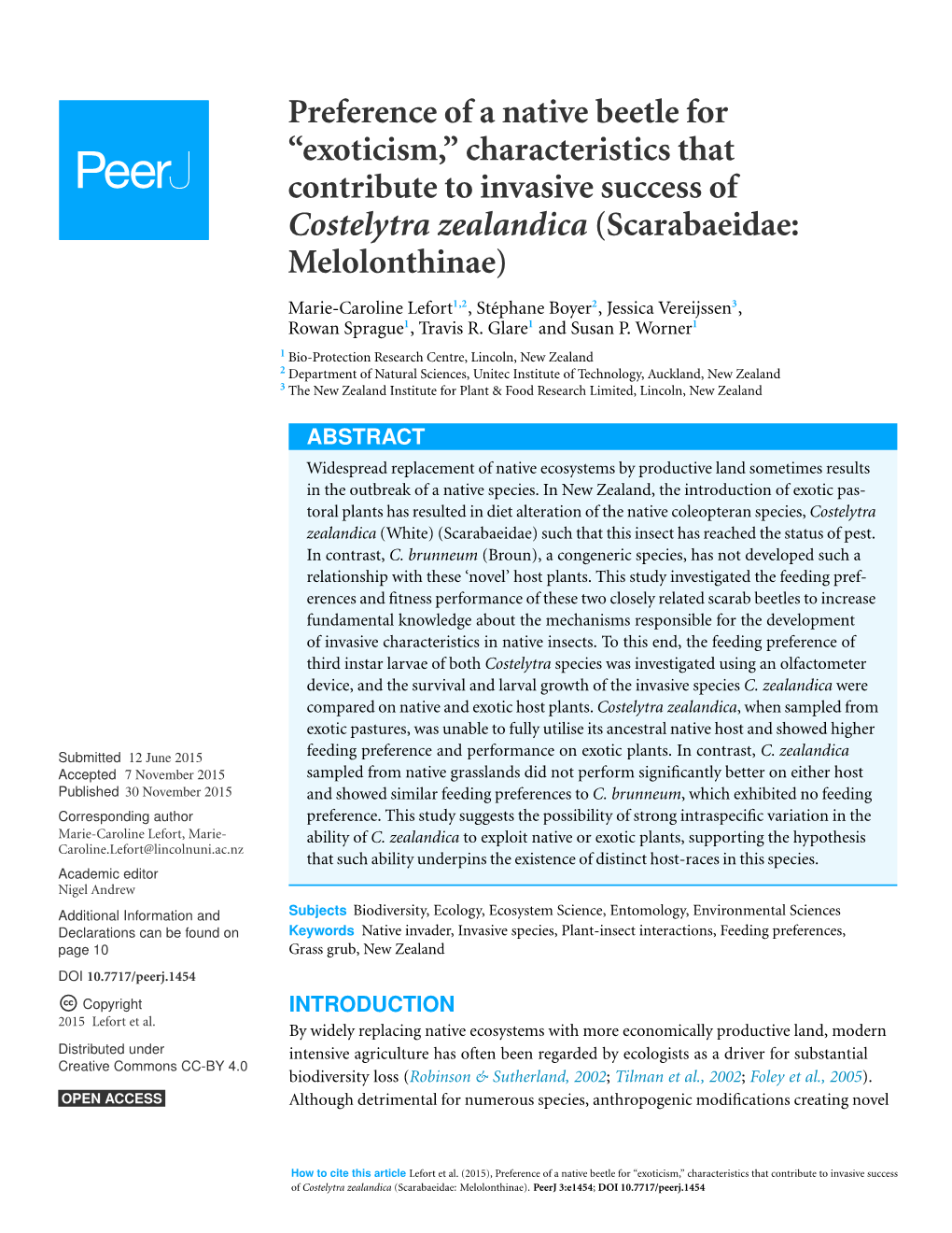 Characteristics That Contribute to Invasive Success of Costelytra Zealandica (Scarabaeidae: Melolonthinae)