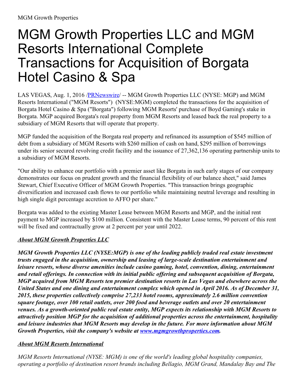 MGM Growth Properties LLC and MGM Resorts International Complete Transactions for Acquisition of Borgata Hotel Casino &