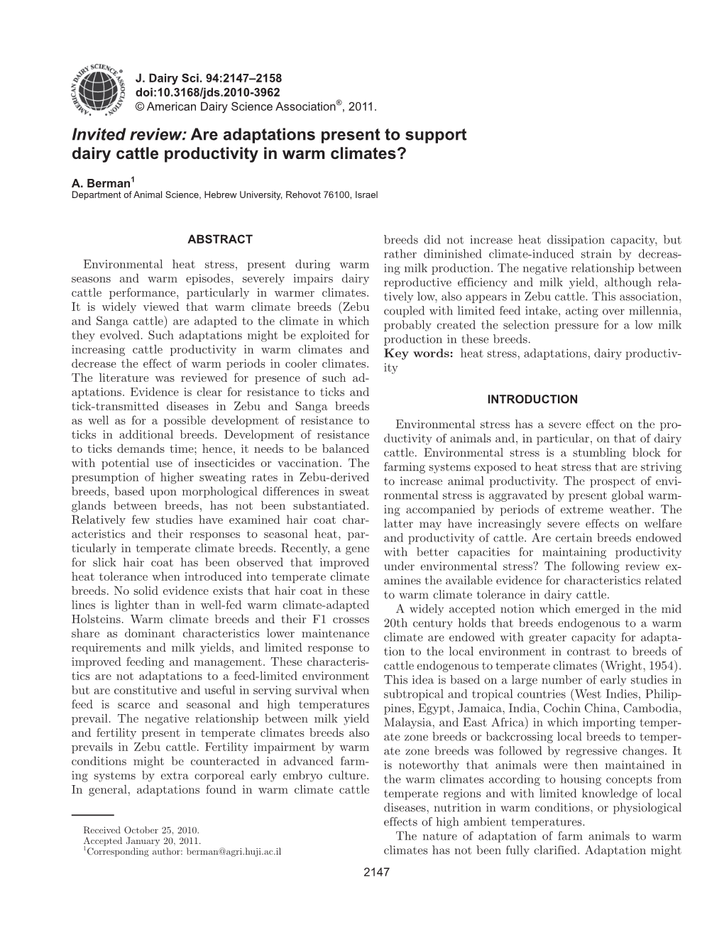 Are Adaptations Present to Support Dairy Cattle Productivity in Warm Climates?