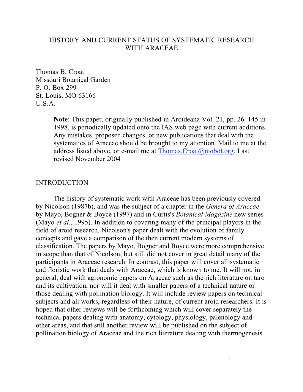 History and Current Status of Systematic Research with Araceae