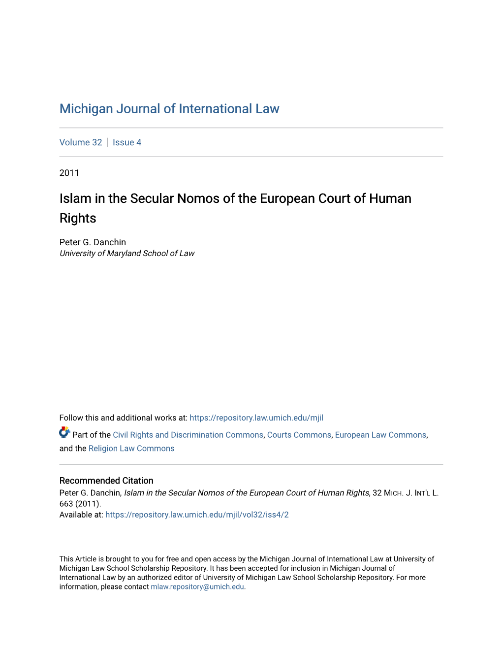 Islam in the Secular Nomos of the European Court of Human Rights