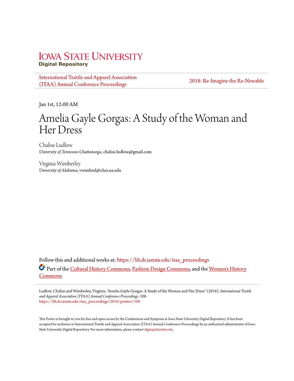 Amelia Gayle Gorgas: a Study of the Woman and Her Dress Chalise Ludlow University of Tennessee-Chattanooga, Chalise.Ludlow@Gmail.Com