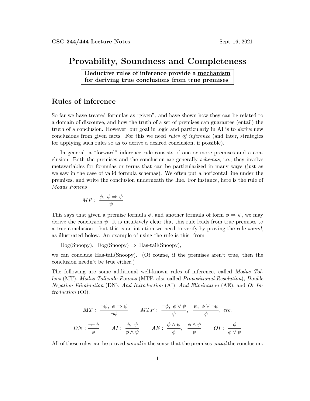 Provability, Soundness and Completeness Deductive Rules of Inference Provide a Mechanism for Deriving True Conclusions from True Premises