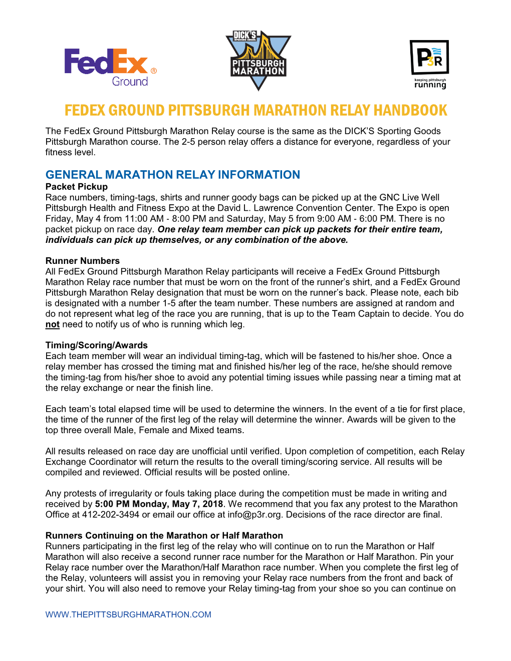 FEDEX GROUND PITTSBURGH MARATHON RELAY HANDBOOK the Fedex Ground Pittsburgh Marathon Relay Course Is the Same As the DICK’S Sporting Goods Pittsburgh Marathon Course