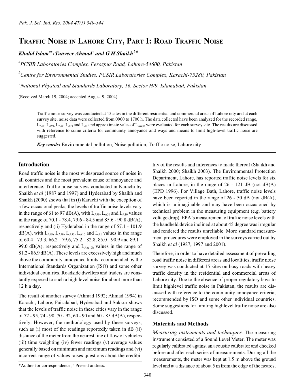 Introduction TRAFFIC NOISE in LAHORE CITY, PART I: ROAD
