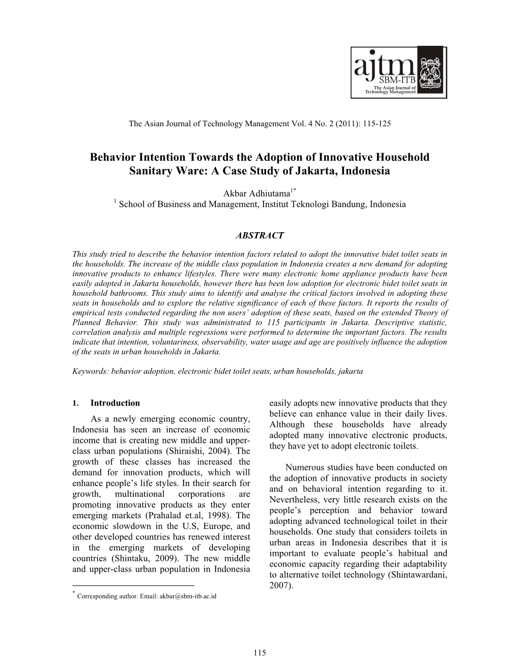 Behavior Intention Towards the Adoption of Innovative Household Sanitary Ware: a Case Study of Jakarta, Indonesia