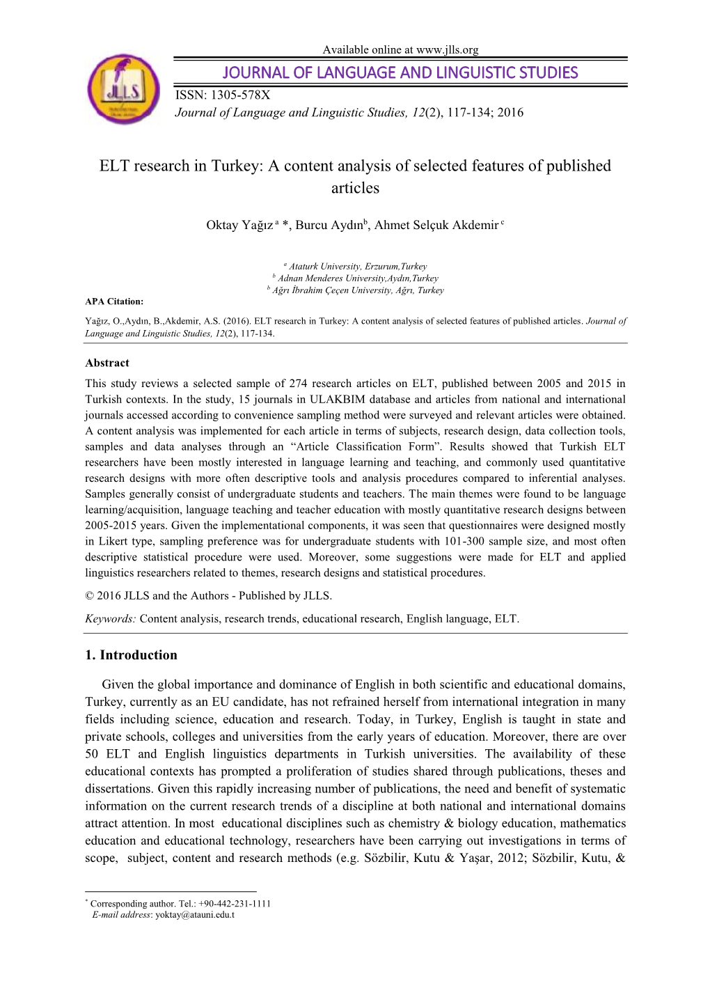 ELT Research in Turkey: a Content Analysis of Selected Features of Published Articles