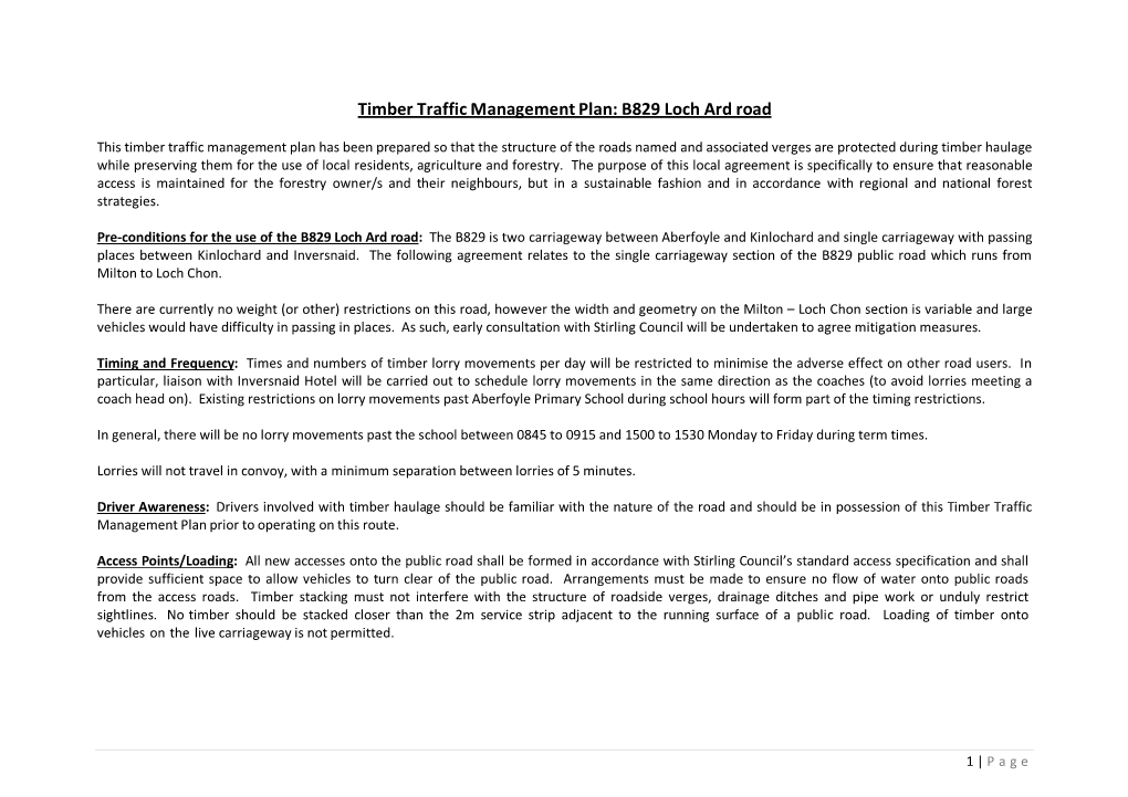 Timber Traffic Management Plan: B829 Loch Ard Road