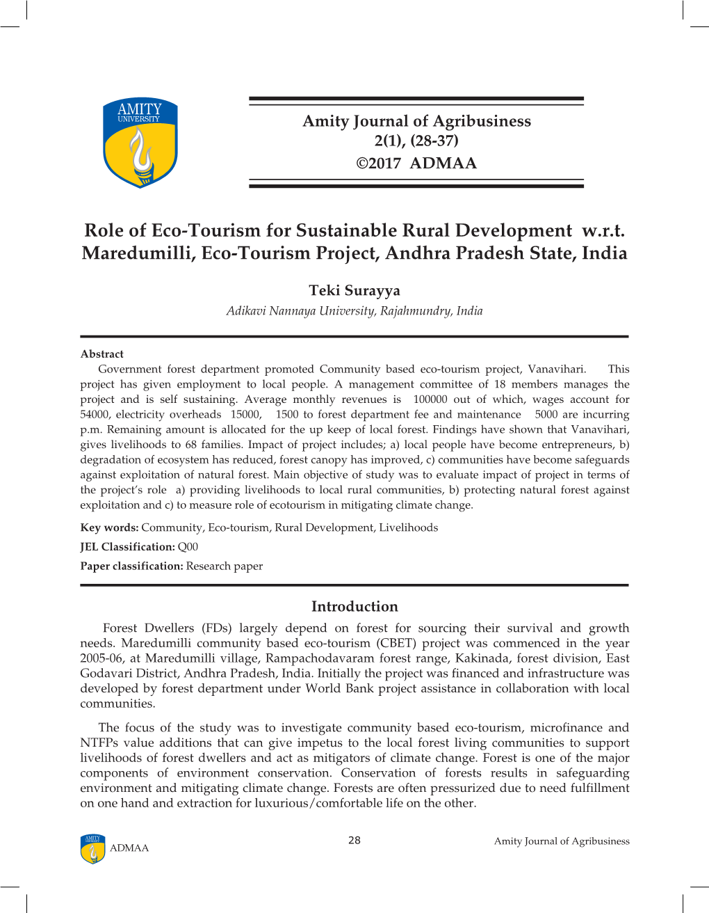 Role of Eco-Tourism for Sustainable Rural Development W.R.T. Maredumilli, Eco-Tourism Project, Andhra Pradesh State, India