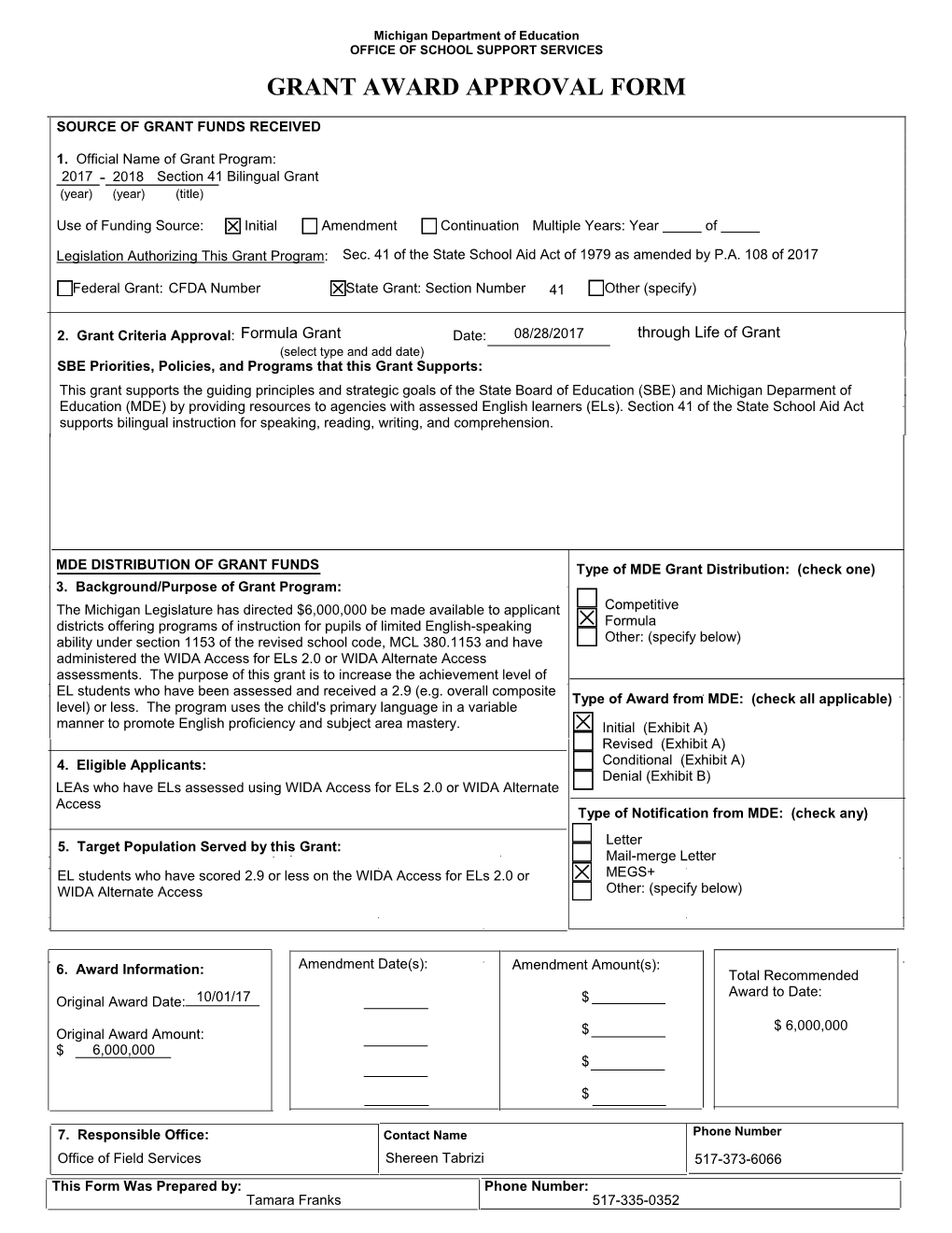 Grant Award Approval Form