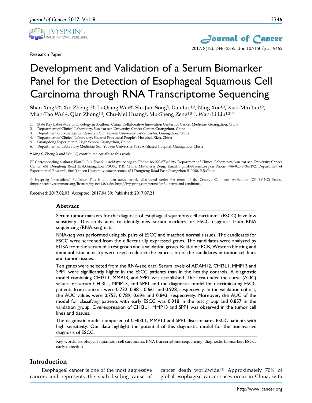 Development and Validation of a Serum Biomarker Panel for The