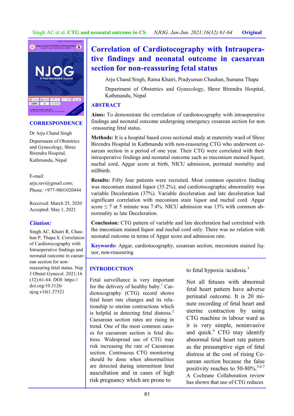 Tive Findings and Neonatal Outcome in Caesarean Section for Non