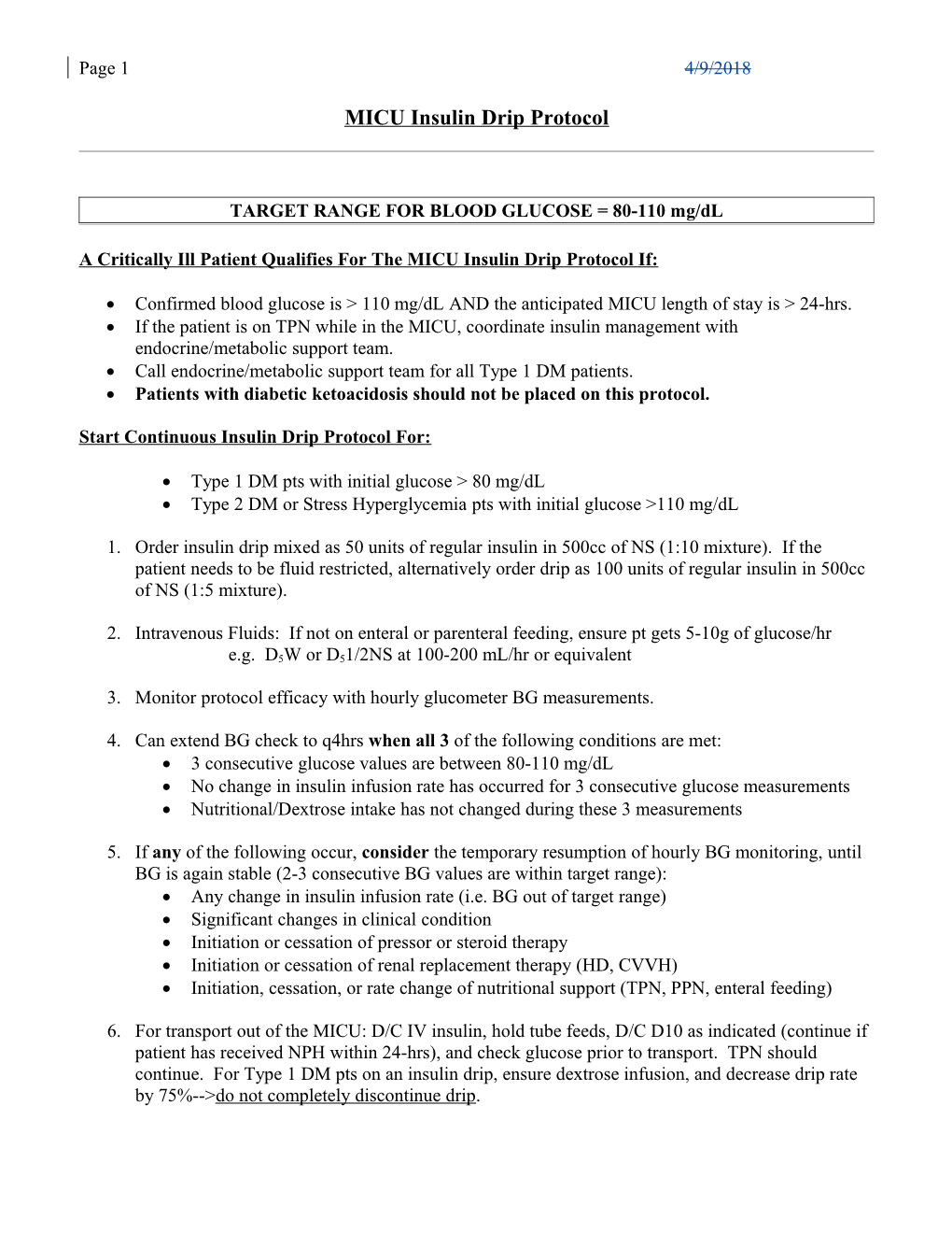 MICU Insulin Drip Protocol (MD Guidelines)