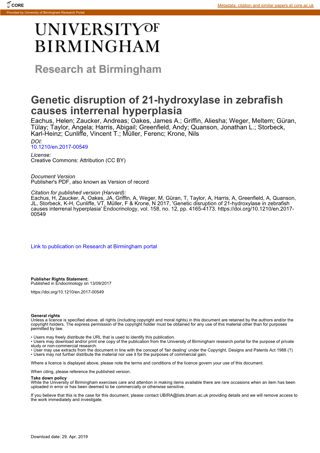 Genetic Disruption of 21-Hydroxylase in Zebrafish Causes Interrenal Hyperplasia