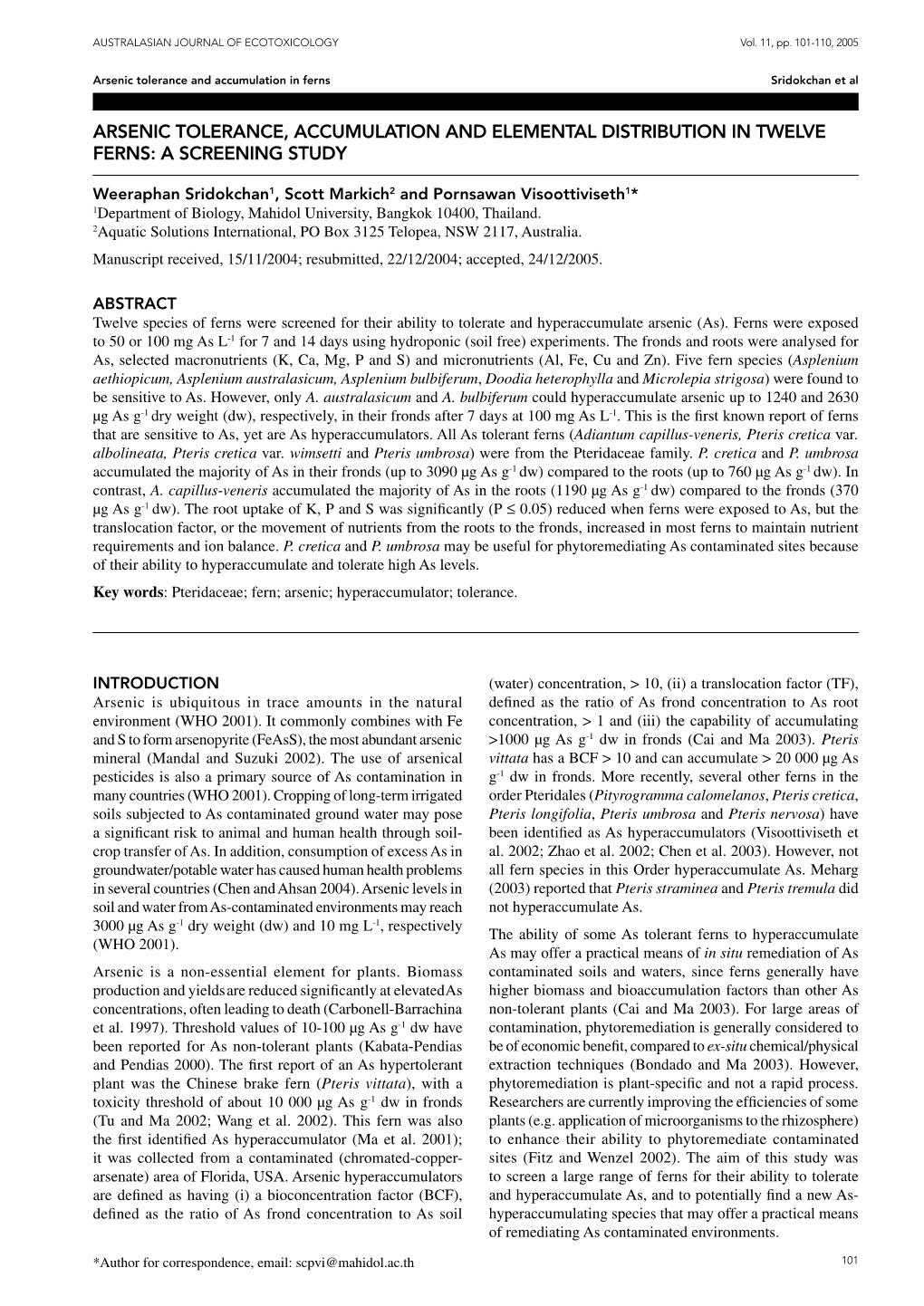 Arsenic Tolerance, Accumulation and Elemental Distribution in Twelve Ferns: a Screening Study