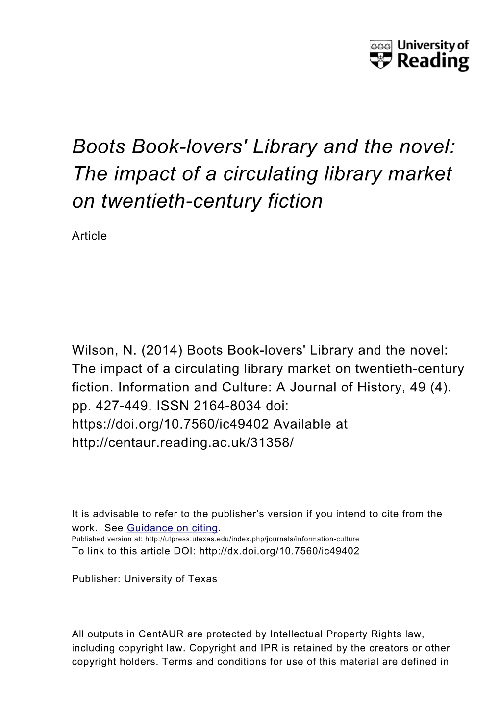 Boots Book-Lovers' Library and the Novel: the Impact of a Circulating Library Market on Twentieth-Century Fiction